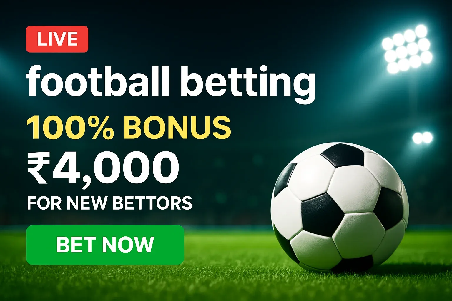 Football betting banner with soccer ball, 100% bonus in Bangladesh currency